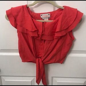 Vintage red pink ruffle cropped top w/ tie medium